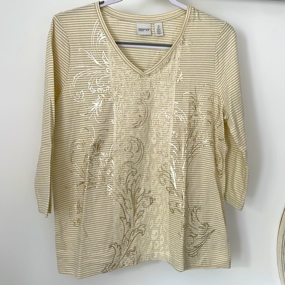 Chicos foil floral lace insert T-shirt. Three-quarter length sleeves